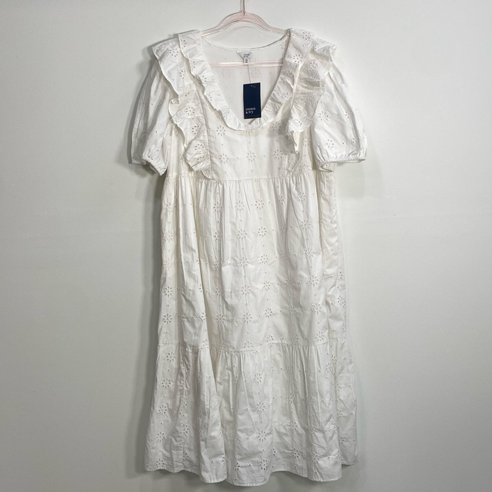 Crown & Ivy Eyelet Midi Dress Cottage core Cotton Pockets Women's 2X White